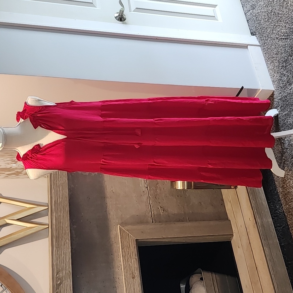 max studio red sleeveless long dress with small v-neck. size large PTP 20 1/2 in